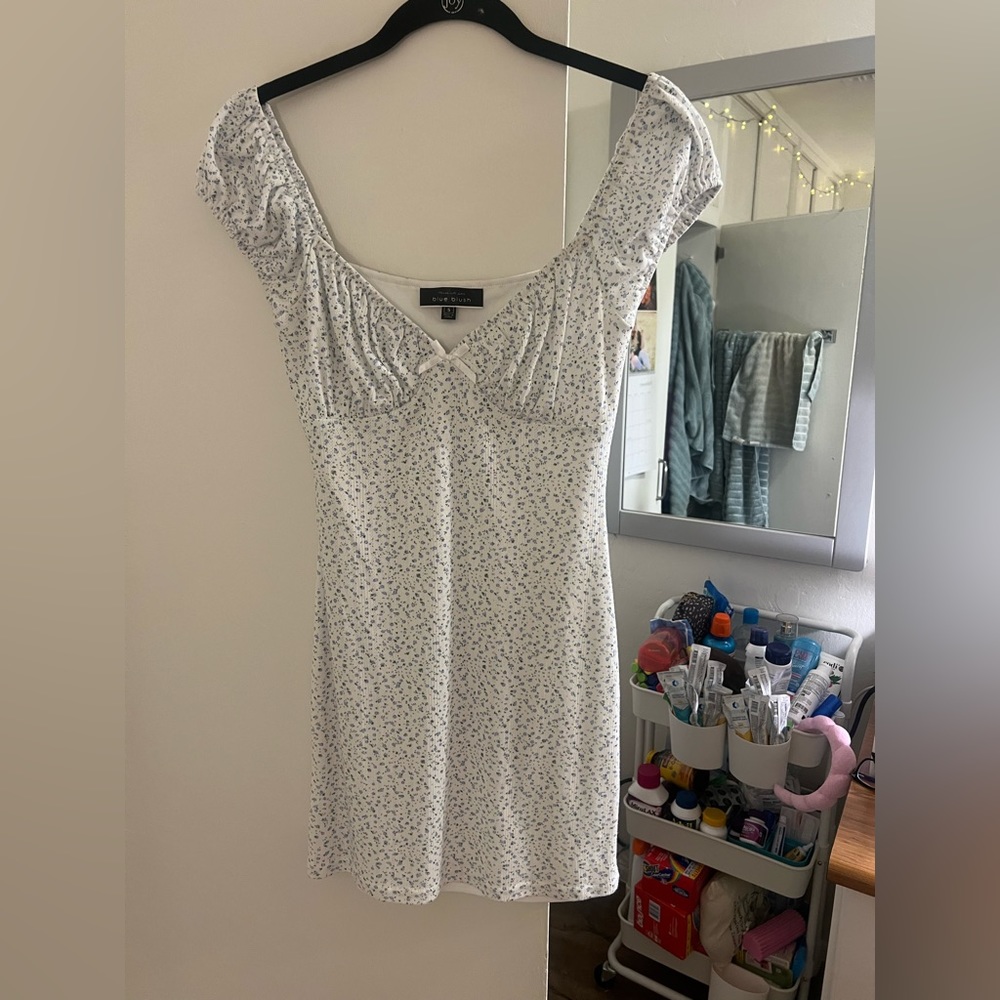 white dress w blue flowers